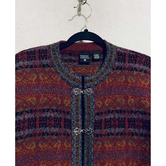Nordic Designs Sweater Womens Large Red Fair Isle Cardigan Wool Pewter Clasp - Picture 2 of 7